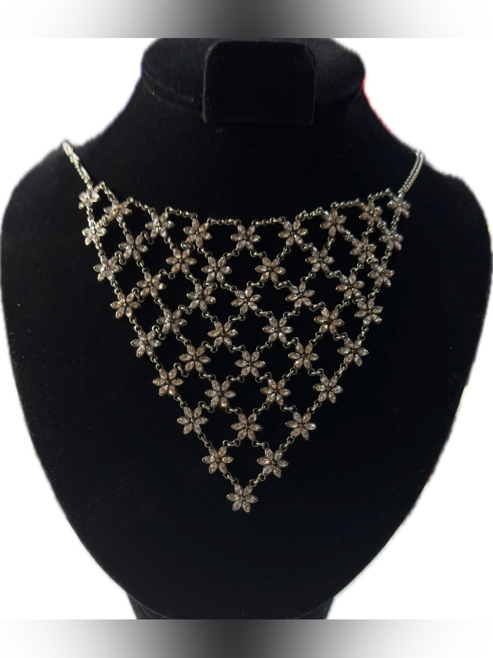 11” adjustable Shyanne Silver Floral Mesh Bib Necklace
